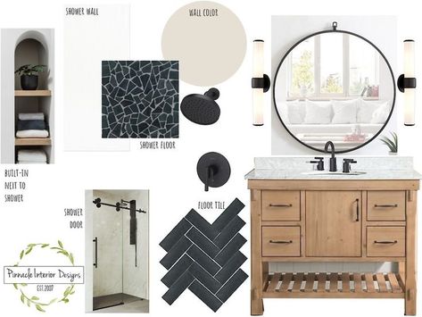 A more modern design with hexagon shapes and mixed metals of matte black and gold. #modern #moderndesign #hexagontile #bathroom #basementbathroom #masterbathroom #blackandwhite #blackandwhitebathroom #woodvanity #mixed metal #gold #black #showerdesign #interiordesign #interiordecor #interiordesigner #arched #character #design #construction #homedecor #roomdecor #homedecorstyle #furniture #homeaccessories #remodel #storageandorganization #flooring #homemaintance #homeaccents #remodelproject Light Wood And Black Bathroom, Modern Basement Bathroom, Honeycomb Tiles Bathroom, Mixed Metals Bathroom, Black Tile Bathroom Floor, Black Tile Bathrooms, Farmhouse Bathrooms, Black And Gold Bathroom, Black Floor Tiles