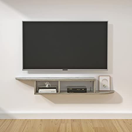 Modern Floating TV Stand Curved Wood Wall Mounted Media Console TV Shelf Floating Entertainment Center Under TV with Storage Shelf (Grey) Under Tv Shelf, Mounted Entertainment Center, Tv Console With Storage, Tv Stand Wall, Wall Mount Entertainment Center, Floating Tv Console, Wall Mounted Media Console, Floating Tv Shelf, Console With Storage