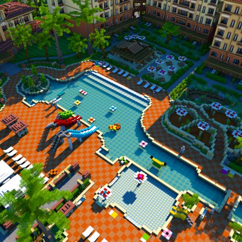 Club In Minecraft, Boardwalk Minecraft, Minecraft Buildings Cities, Minecraft Building Ideas Mansions, Minecraft Resort Ideas, Minecraft City Center, Minecraft Waterpark, Minecraft Building Ideas Cities, Things To Build In Minecraft Town