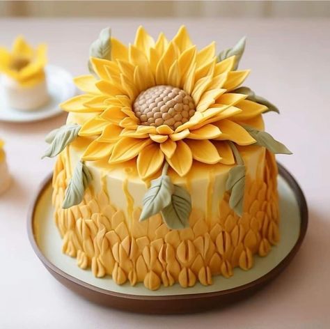 Sunflower Cake Design Ideas, Chocolate Sunflower Cake, Sunflower And Butterfly Cake Birthday, Sunflower Two Tier Cake, Chocolate Cake With Sunflowers, Fantasy Cake, Cartoon Cake, Elegant Birthday Cakes, 1st Birthday Cakes