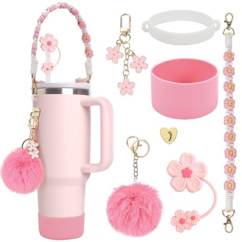 PRICES MAY VARY. 【Personalized Stanley Cup Accessories】This stanley cup accessories set includes all the essentials you need,uses cute plush balls and flower themes to embellish your bottles,make it look elegant and eye-catching.(This accessory set does not include cups) 【Easy to Install】Our stanley cup accessories with a very firm silicone ring and a boho style woven handle strap,Just stretch the silicone ring into the cup exterior to easily carry your mug.it is not afraid to drop even if the c Owala Water Bottle Accessories, Stanley Cup Accessories Ideas, Stanley Charms, Preppy Cups, Preppy Stanley, Rose Core, Tumbler Accessories, Pink Stanley, Girly Gifts Ideas