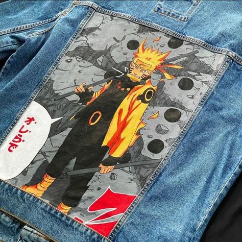 Painting On Denim Jacket, Denim Jacket Painting, Painting On Denim, Denim Jacket Customized, Jacket Customized, Naruto Painting, Hand Painted Denim, Diy Denim Jacket, Pic Art