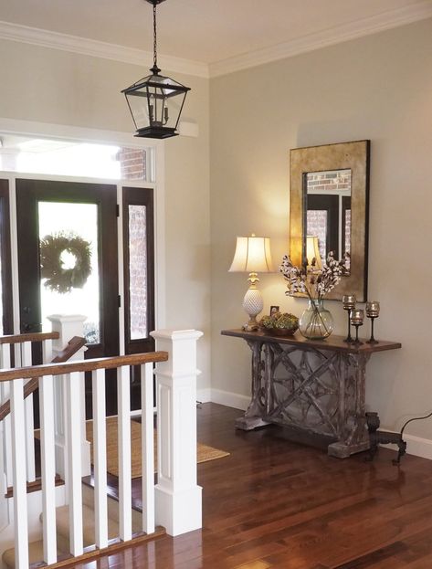 Another daytime view of the foyer paint color, November Rain by Benjamin Moore. Paris Rain Benjamin Moore, November Rain Benjamin Moore, Home Ideas Bedroom, Grey Color Pallets, Foyer Paint Colors, Foyer Paint, Hallway Paint Colors, Benjamin Moore Exterior, Coastal Fog