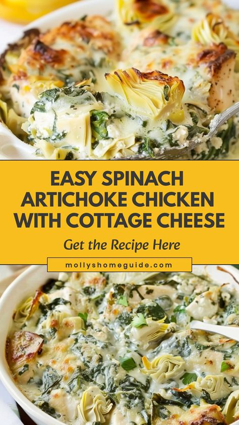 Indulge in the creamy goodness of spinach artichoke chicken made with cottage cheese. This recipe is a delightful twist on a classic favorite, combining tender chicken with a luscious blend of spinach, artichokes, and rich cottage cheese. The result is a flavorful and satisfying dish that is perfect for any occasion. Whether you're cooking for yourself or entertaining guests, this spinach artichoke chicken recipe will surely impress. Try it today and experience the delicious harmony of flavors i Spinach Artichoke Chicken With Cottage Cheese, Chicken With Artichokes And Spinach, Mushroom Artichoke Chicken, Spinach Artichoke Cottage Cheese, Chicken And Cottage Cheese Recipes Low Carb, Chicken Spinach Artichoke Recipes, Chicken Artichoke Recipes Healthy, Chicken Spinach And Mushroom Low Carb Oven Dish, Chicken Spinach Artichoke Soup