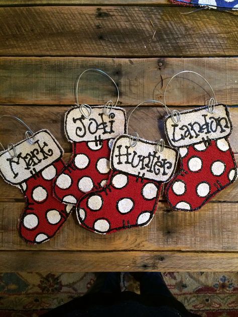 Stocking burlap ornaments Wooden Stockings Christmas, Naked Doors, Burlap Ornaments, Stocking Ornaments, Christmas Plaques, Burlap Crafts, Stocking Ornament, Burlap Christmas, Christmas Door Hanger