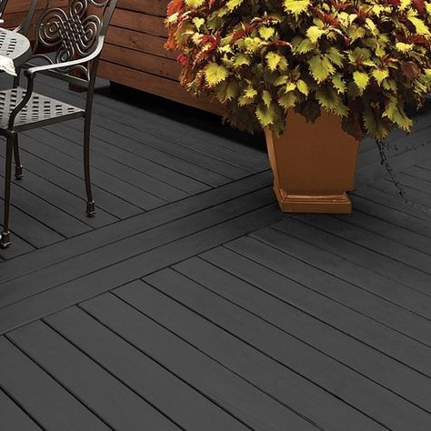 Dark Wood Deck, Black House Deck Color, Black Decks And Porches, Gray And Black Deck, Black Painted Deck Ideas, Dark Grey Porch, Painted Decks Colors Ideas Gray, Dark Decking Ideas, Grey Stained Deck