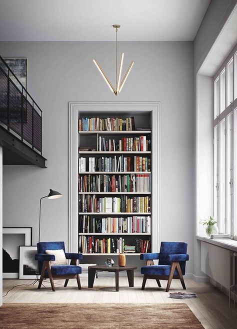 5 Ways To Make A Large Room Feel Comfy Living Room Library Wall, Tall Living Room, Upholstered Window Seat, Tall Wall Decor, Home Library Design Ideas, Living Room Library, Home Library Rooms, Library Wall, Room Library