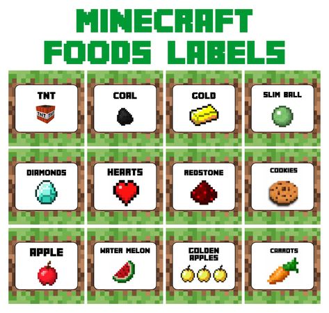 Printable Minecraft Food Tent Cards Printable Minecraft Food Labels, Minecraft Party Food Labels Free, Free Minecraft Party Printables, Minecraft Themed Food, Minecraft Printables Free Templates, Minecraft Birthday Food, Minecraft Food Printables Free, Minecraft Free Printables, Minecraft Food Labels Free