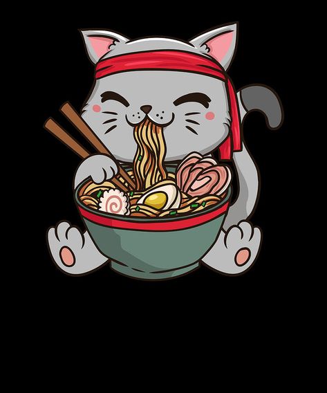 Eating Noodles, Asian Cat, Food Art Painting, Japanese Art Modern, 30 Day Drawing Challenge, Girl Eating, Japanese Pop Art, Sushi Cat, Cat Eating