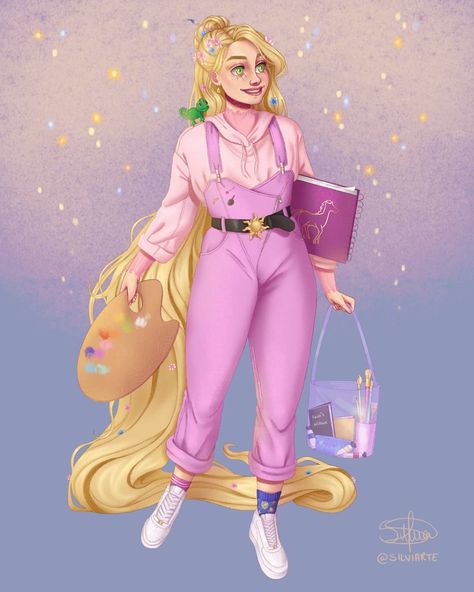 Silvia's art 🧚🏻‍♀️ on Instagram: “Modern Rapunzel! I really enjoyed drawing her 💕 Swipe for @maripapeles lovely version of her and for a close up on the next slide 🌟 Link to…” Rapunzel Fanart Modern, Rapunzel Moodboard, Rapunzel Fanart, Modern Rapunzel, Rapunzel Outfit, Disney Princess Challenge, Rapunzel Cosplay, Disney Inspiration, Alternative Disney Princesses