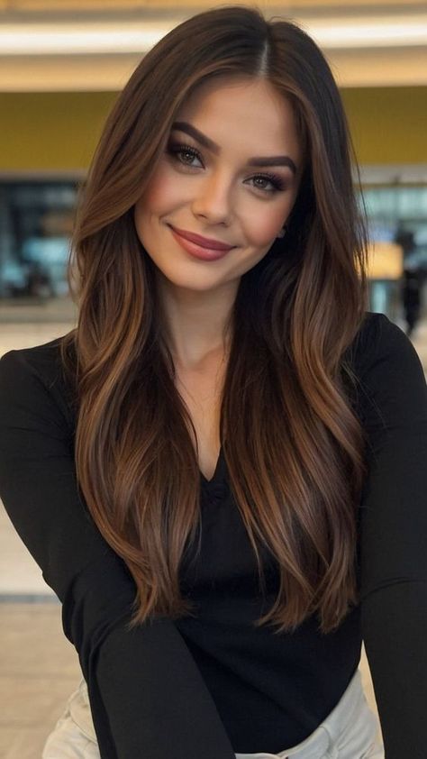 Dark Hair And Caramel Highlights, Brown Hair For Natural Blondes, Dark Features Hair Color, One Color Brown Hair Brunettes, Coffee Bean Brown Hair, Golden Brown Hair On Tan Skin, Natural Brown Hair Color With Highlights, Brunette Color With Highlights, Toned Down Highlights