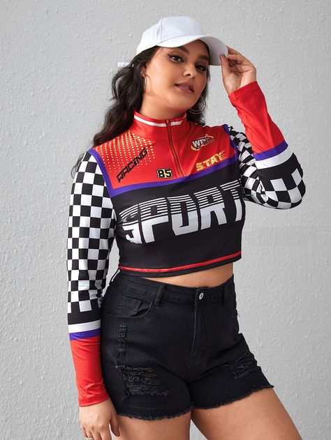 Multicolor Casual Collar Long Sleeve Knitted Fabric Letter,Plaid  Embellished High Stretch  Women Plus Clothing Fashion Sportswear, Zipper Placket, Cinderella Dress, Adventure Outfit, Sportswear Fashion, Racing Jacket, Hip Hop Outfits, Stage Outfits, Sporty Style