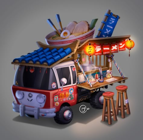 ArtStation - Ramen Truck Ramen Food Truck Design, Japanese Food Truck Design, Food Truck Concept Art, Food Trucks Ideas, Cute Food Trucks, Ramen Food Truck, Food Truck Drawing, Truck Concept Art, Food Truck Art