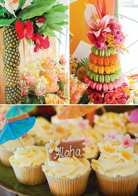 Hawian Theme Cupcakes, Luau Dessert Ideas, Aloha Cupcakes, Hawaiian Dessert, Pineapple Tree, Macaroon Tower, Tropical Cupcakes, Hawaiian Desserts, Macaroon Cake