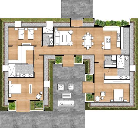 Green Magic Homes, Open Concept House Plans, U Shaped Houses, Planting Grass, Caribbean Homes, Dream Farmhouse, Green Magic, Home Design Floor Plans, Villa Plan