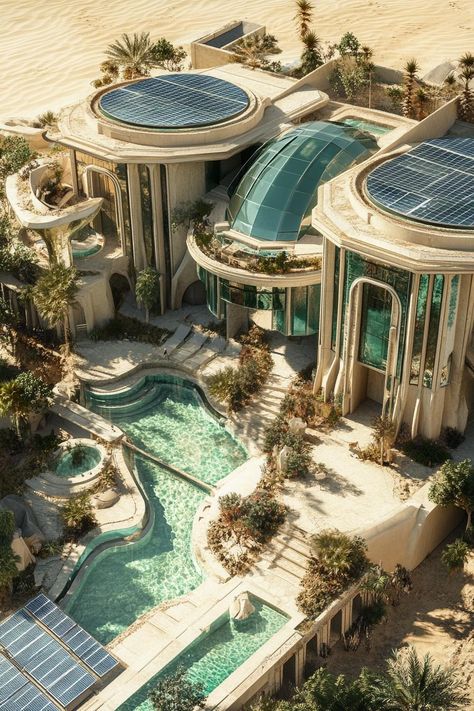 Futuristic giant mansion with solar panels pools gardens in a desert near above view. Check out these innovative mansions that blend luxury, creativity, and modern comfort to turn any estate into a haven of stylish grandeur. Mafia Mansion, Giant Mansion, Futuristic Mansion, Mansion Houses, Cool Mansions, Car Money, Luxurious Houses, Future Cities, Yacht Interior Design