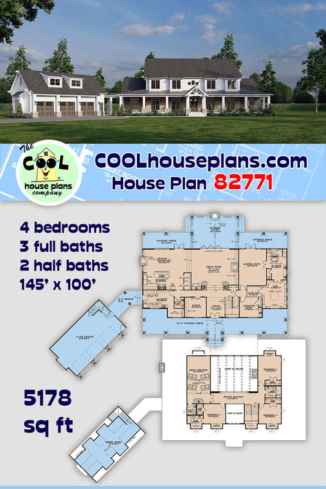 Luxury Country Style House Plan with amazing covered porches and a theater! In addition to the theater on the second floor, there is also a bonus room that will become a hobby room over the garage. On the main level, you can work in the home office and then de-stress in the dedicated exercise room and even shelter from storms in the safe room. In total, this new construction plan has 5178 square feet of living space, 4 bedrooms, 3 full baths, 2 half baths, and a 3 bay garage. #LuxuryHome Luxury Farmhouse Plans, 3 Bay Garage, Luxury Farmhouse, Luxury Floor Plans, Luxury Plan, Covered Porches, Exercise Room, Country Farmhouse Style, Country Style House