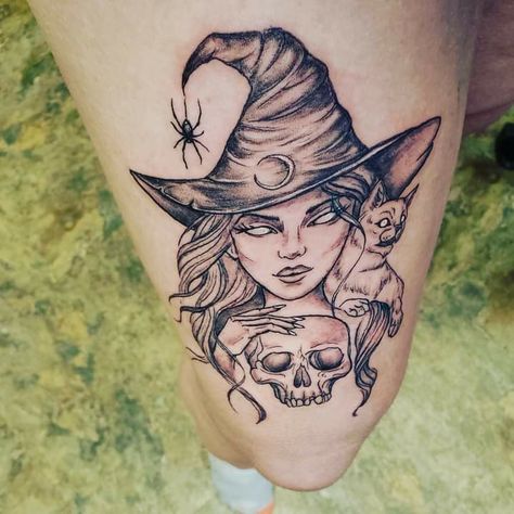 Halloween Themed Tattoos Sleeve, Witch And Cat Tattoo, Elf Tattoos For Women, Thigh Tattoos Women Goth, Witchy Thigh Tattoo, Witch Face Tattoo, Pinup Witch Tattoo, Grammy Tattoo, Witchy Tattoos Sleeve