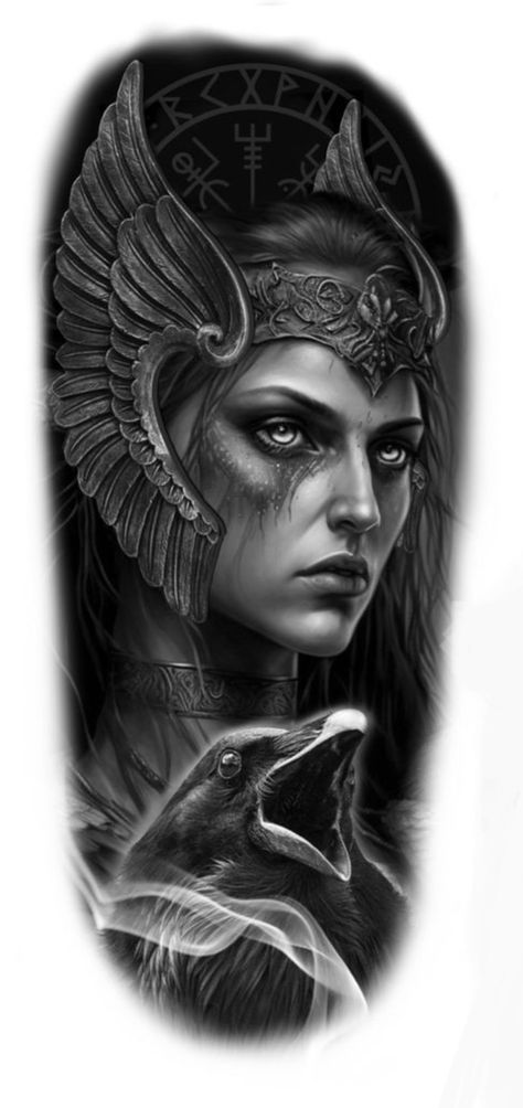 Tattoo Goddesses, Biomechanical Tattoo Design, Athena Tattoo, Viking Warrior Tattoos, Female Warrior Tattoo, Norse Mythology Tattoo, Valkyrie Tattoo, Viking Tattoo Sleeve, Wolf Tattoo Sleeve