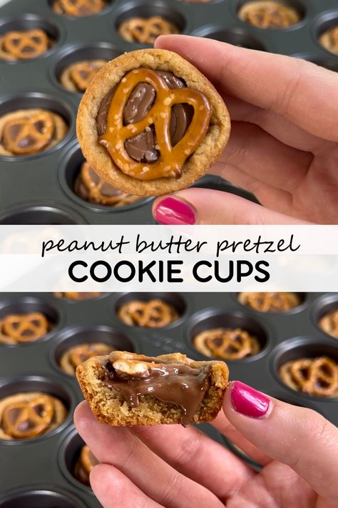 These peanut butter pretzel cookie cups are peanut butter cookie cups stuffed with a piece of chocolate and topped with a mini pretzel twist! If you’re a fan of all things sweet and indulgent, you’re in for a treat! Rich, melty chocolate and salty, crunchy pretzels get combined with the classic comfort of warm peanut butter cookies! These easy cookie cups are a fool proof dessert and great for any occasion, including holidays, parties, and mid-week snacking! Peanut Butter Cookie Cups With Pretzels, Mini Pretzels Recipes, Easy Cookie Cups, Peanut Butter Pretzel Cookies, Peanut Butter Cookie Cups, Pretzel Twist, Pretzel Cookie, Reeses Cookies, Pretzel Cookies