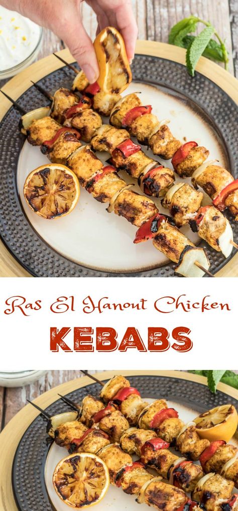 Ras El Hanout Chicken Kebabs - marinated in ras el hanout, garlic, lemon juice, olive oil, then grilled and served with a lemon-mint Greek yogurt sauce! So quick and delicious! Morocco Recipes, Lemon Yogurt Sauce, Grilling Chicken, Greek Yogurt Sauce, Morocco Food, Moroccan Recipes, Vegetable Skewers, Moroccan Dishes, Moroccan Chicken