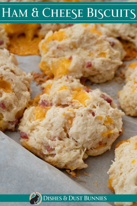 These delicious and easy to make ham and cheese drop biscuits are light and tender with bits of ham and sharp cheddar cheese baked right in. Perfect for using up leftover ham, and great for breakfast or any time! Cheese Drop Biscuits, Ham And Cheese Biscuits, Biscuit Dishes, Homemade Vegetable Beef Soup, Ham Biscuits, Dust Bunnies, Ham And Eggs, Cheese Baked, Cheddar Biscuits