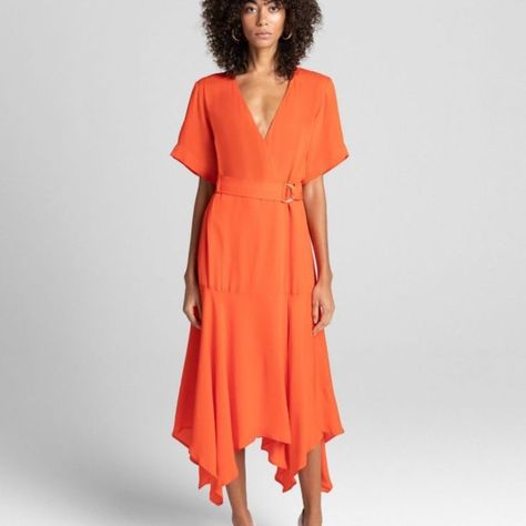 Never Worn Nwt A.L.C. Claire Dress In Orange/Red (100% Silk). Short-Sleeves. V-Neckline. Partially Lined. Side Pockets. Includes Belt. Flowy Silk Dress, Handkerchief Hem, Mother Denim, Hem Style, Vogue Fashion, Orange Red, Signature Style, Silk Dress, High Low Dress