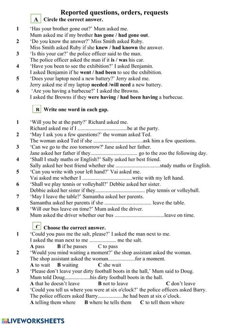 Reported questions online activity for B1. You can do the exercises online or download the worksheet as pdf. Reported Speech Worksheet With Answers, Reported Speech Questions, Direct And Indirect Speech Worksheets, Reported Speech Worksheets, Direct And Indirect Speech, Essay Writing Examples, Indirect Speech, Direct Speech, English Grammar Tenses