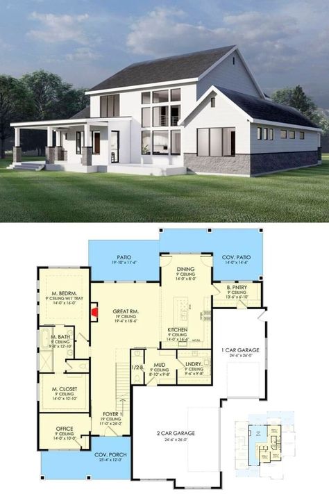 The house plan of a modern farmhouse. This two-story floor plan has 5 bedrooms so it has plenty of space. This almost 3000 sq. ft. home also has a 3-car garage, balcony, and basement expansion. Garage Balcony, Clapboard Siding, Southern Traditional, Gambrel Roof, Mansion Floor Plan, Country Craftsman, Craftsman Home, Jack And Jill Bathroom, Contemporary Cottage