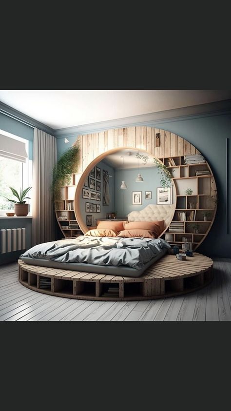 Round Pallet Bed, Round Platform Bed Frame, Bedroom Teen Boy, Modern Teen Room, Circle Bed, 2024 Bedroom, Platform Bedroom, Bookshelf Bed, Amazing Bedroom Designs