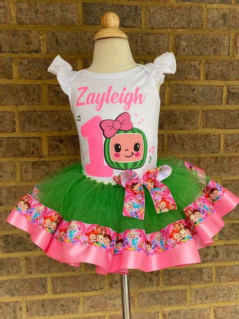 Cocomelon Outfit Girl, Cocomelon Outfit, Cocomelon Birthday Outfit, Custom Birthday Outfits, 1 St Birthday, Ribbon Trim Tutu, Cocomelon Birthday, Birthday Tutu Outfit, Sneakers Looks