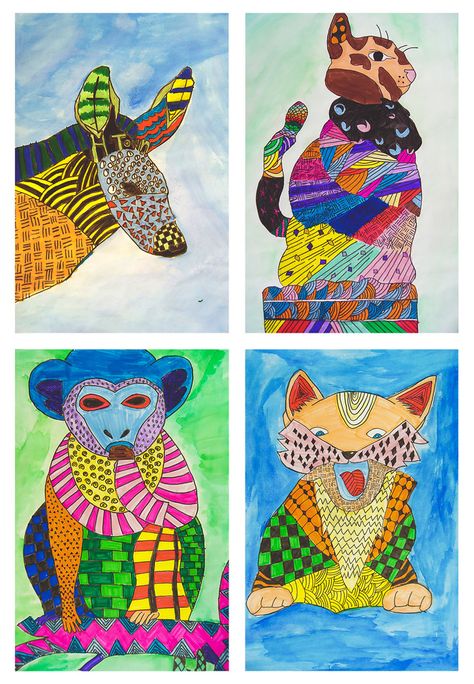 Zoo Animal Art Projects, How To Draw Animal Faces, Zentangle Art Projects, Zoo Animals Drawing, Art For Middle Schoolers, Animal Collage Art, Animal Art Projects For Kids, Third Grade Art Project, Zentangle Animals Art