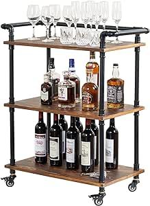 MyGift 3 Tier Bar Cart Rustic Burnt Solid Wood and Industrial Matte Black Metal Pipe Wine Cart with 360-Degree Rolling Wheels, Decorative Pipework Serving Trolley Pipe Bar Cart, Industrial Bar Cart, Bar Deco, Diy Bar Cart, Rolling Bar Cart, Gold Bar Cart, Bar Sala, Diy Home Bar, Trendy Bar