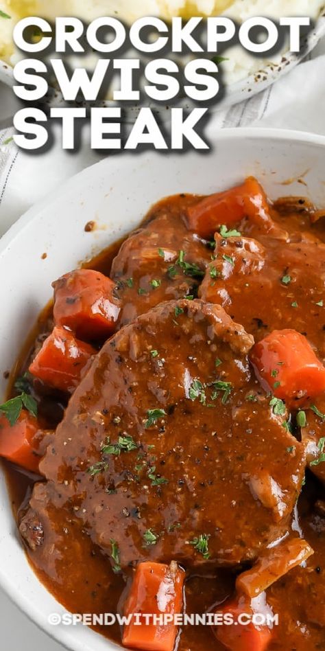 Crockpot Swiss Steak, Swiss Steak Crockpot, Round Steak Recipes, Crockpot Steak, Cube Steak Recipes, Swiss Steak, Crockpot Recipes Beef, Crockpot Pork, Crockpot Beef