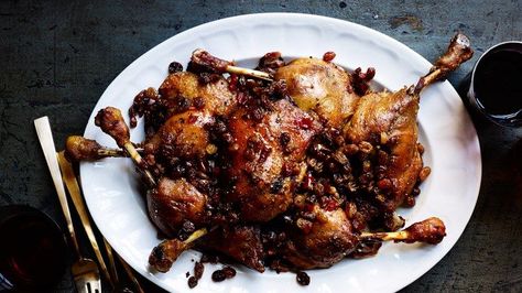 Duck Confit with Spicy Pickled Raisins Recipe | Bon Appetit Dinner Party Mains, Confit Recipes, Impressive Dinner, Raisin Recipes, Homemade Flatbread, Duck Confit, Duck Recipes, Winter Dinner, French Cooking