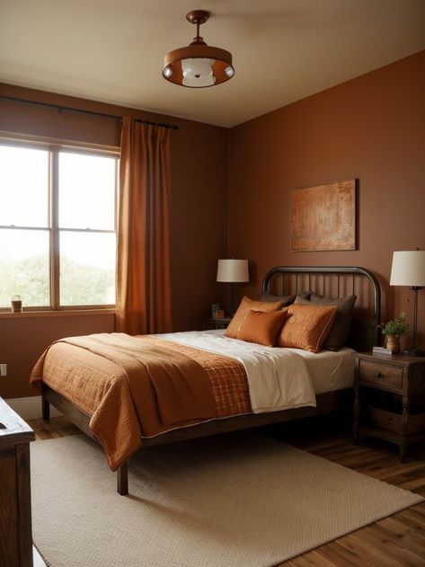 Rustic Orange Wall Paint, Burnt Orange Bedroom Ideas Accent Walls, Burnt Orange Curtains Bedroom, Rust Bedroom Walls, Burnt Sienna Bedroom, Burnt Orange Room Aesthetic, Orange Theme Bedroom, Burnt Orange Bedroom Walls, Bedroom Orange Accents