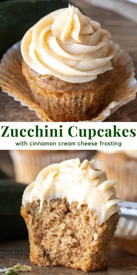 These zucchini cupcakes are extra moist with a delicious spice cake flavor . They're topped with a generous amount of cinnamon cream cheese frosting - which really takes the flavor to the next level. The perfect recipe for baking with your garden zucchini! #zucchinicupcakes #spicecakecupcakes #zucchini #zucchinirecipes #creamcheesefrosting #zucchinispicecake #cupcakes #recipe from Just So Tasty Zucchini Cupcakes Recipes, Cream Cheese Fristing, Perfect Cupcake Recipe, Zucchini Cupcakes, Zucchini Bars, Recipe For Zucchini, Garden Zucchini, Crumb Cake Recipe, Cinnamon Cream Cheese