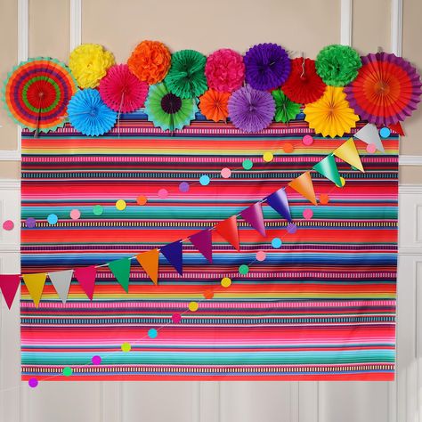 PRICES MAY VARY. Fiesta Party Decorations Set: you will get 1 piece of Mexican theme striped fiesta backdrop with rope, 6 pieces of paper fans, 6 pieces of 10 inch hollow paper fans, 4 pieces of tissue paper flowers, 1 piece of rainbow triangle bunting flag, 1 piece of circle dot garland, a nice combination and rich amount can meet your use and decoration needs easily Light up the Party Vibes: the fiesta party supplies are designed with many bright colors, such as purple, red, pink, orange, yell Guatemala Party Decorations, Mexican Party Backdrop Ideas, Mexican Backdrop, American Party Decorations, Fiesta Theme Party Decorations, Mexican Birthday Party, Mexican Fiesta Party Decorations, Dot Garland, Triangle Bunting