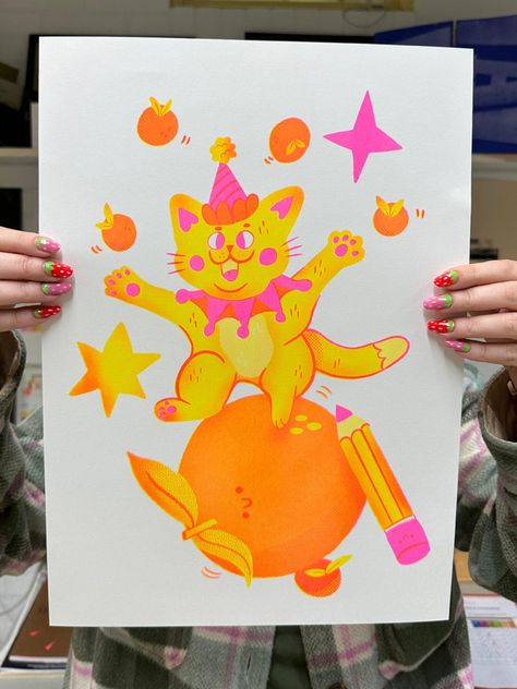 Studio cat-She Two colour Risoprint in Fluorescent pink & Yellow. Circus Cat Risograph Print A3/A4 - Studio Cat-She Digital Risograph, Circus Cat, Risograph Poster, Risograph Print, Color Pairing, Animal Illustration, Pink Yellow, The Netherlands, Circus