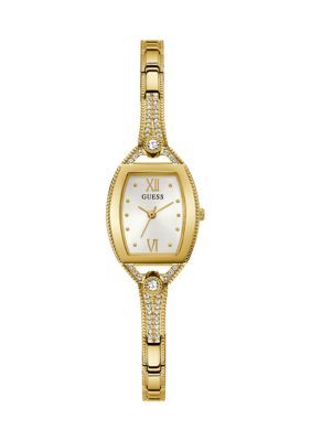 GUESS® 10 Meter Water Resistant Gold Tone Case Stainless Steel Watch | belk Bangle Watches, Stainless Steel Bangles, Rose Gold Watches, Crystal Rose, Antique Wall Clock, Analog Watch, White Jewelry, Watch Gifts, White Dial