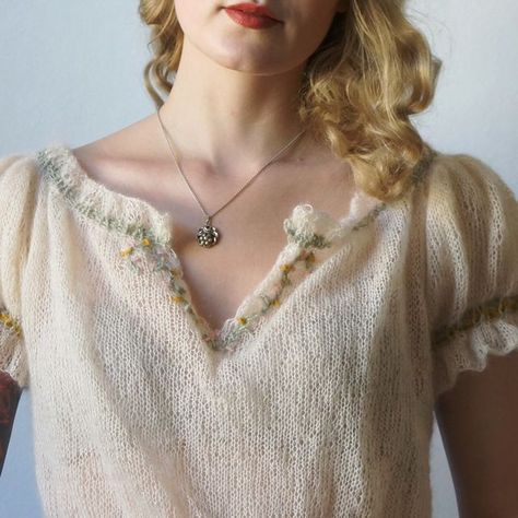 HELENE ARNESEN on Instagram: "The Folklore Ruffle Top - perfect for summer!  #folkloreruffletop #fkyarn #1930sfashion #peasantblouse" Ruffle Top Pattern, Summer Knitting Patterns, Feminine Blouses, Mohair Yarn, Knit Bottom, 1930s Fashion, Embroidered Neckline, Silk Yarn, Summer Knitting