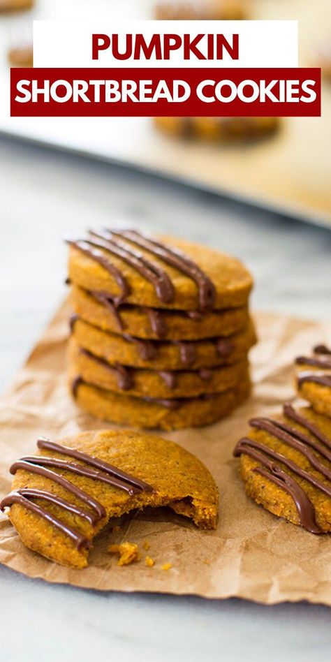 These Pumpkin Shortbread Cookies made with browned butter are the perfect fall cookies! Healthier Shortbread Cookies, Pumpkin Spice Shortbread, Butter Pumpkin Recipes, Sweet Potato Shortbread Cookie, Shortbread Flavor Ideas, Fall Shortbread Cookie Recipe, Pumpkin Shortbread Bars, Thanksgiving Shortbread Cookies, Pumpkin Christmas Cookies