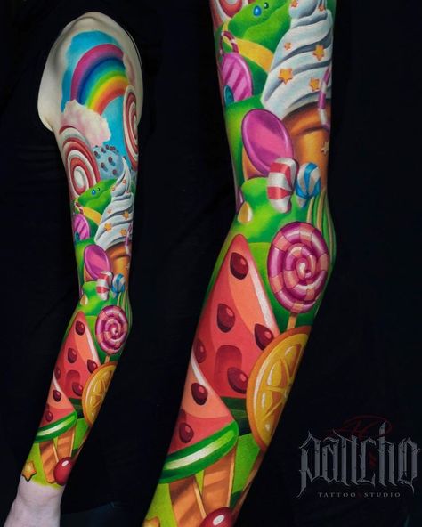 Candyland Tattoo, Candy Tattoo, Sleeve Tattoos For Women, Flash Art, Tattoo Sleeve, Sleeve Tattoo, Color Tattoo, Leg Tattoos, Arm Tattoo