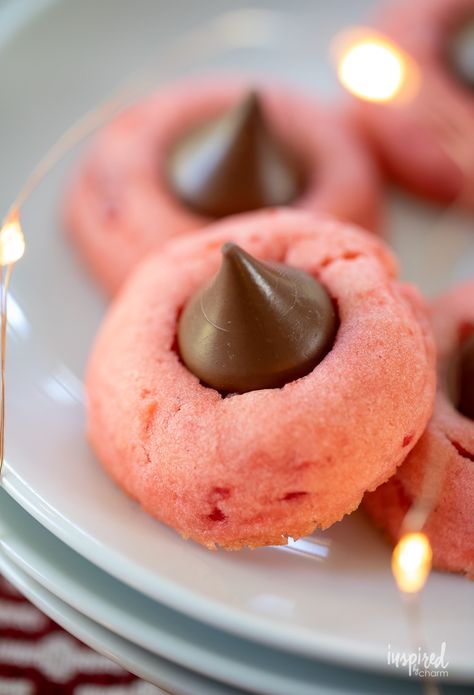 cherry blossom cookies a cherry cookie with chocolate Hershey's kiss. Chocolate Kiss Cookies, Cherry Kiss, Cherry Cookies, Kiss Cookies, Blossom Cookies, Cherry Chocolate, Double Chocolate Cookies, Valentines Day Desserts, Kisses Chocolate