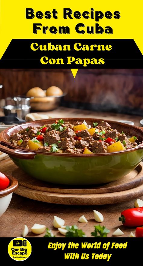 Cuban Carne con Papas Recipe - Authentic Cuba Holiday Recipes and Food - Try all of these traditional Cuba recipes we found on our trip to Cuba. Authentic recipes from Cuba. Recipes from Cuba your family will fall in love with. Cuba Recipes, Papas Recipe, Cuba Holiday, Trip To Cuba, Papa Recipe, Cuban Dishes, Cuban Cuisine, Beef And Potatoes, Traditional Recipes