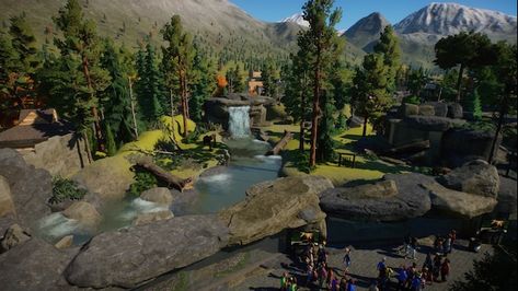 Workshop Steam::Grizzly bears habitat 🐻🍁 [Pixel Zoo] Planet Zoo Grizzly Bear Habitat, Planet Zoo Taiga, Planet Zoo Bear Habitat, Zoo Habitats, Zoo Boo, Bear Habitat, Zoo Inspiration, Zoo Tycoon, Exhibit Ideas