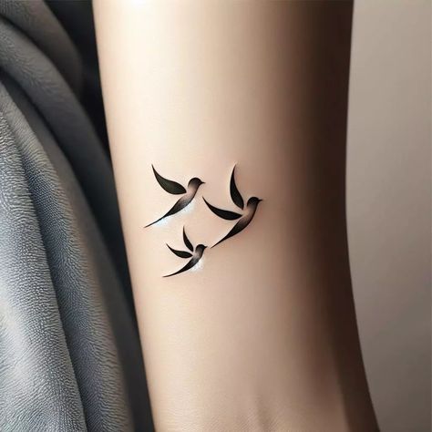 Mom And Daughter Tattoos Birds, Bird Tatoos Woman Wrist, Birds Flying Tattoo Design, 3kids Tattoo Ideas, Bird Family Tattoos For Women, Empty Nest Tattoo Ideas, Mom 2 Daughters Tattoos, Three Bird Tattoos For Women, Mom Of Three Tattoo Ideas