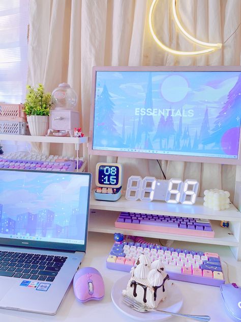 Lilac Gaming Chair, Kawaii Gaming Setup Purple, Cozy Gaming Setup Purple, Pastel Purple Gaming Setup, Purple Gamer Aesthetic, Purple Desk Setup, Purple Pc Setup, Vtuber Setup, Purple Gaming Setup