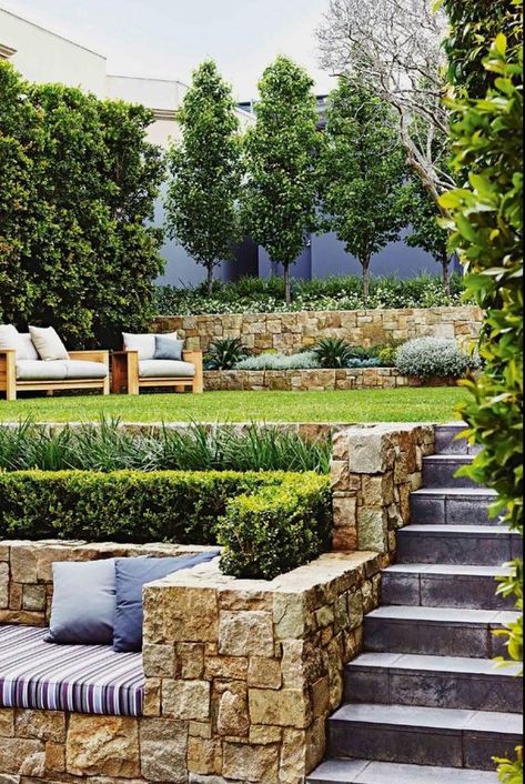 Sloped Backyard Landscaping, Terraced Landscaping, Sloped Yard, Modern Front Yard, Sloped Backyard, Tropical Backyard, Stone Steps, Tiered Garden, Sloped Garden