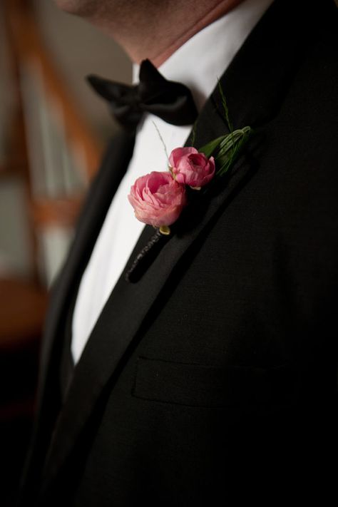 . Pink Rose Boutonniere, Pink Boutonniere, Pink Ranunculus, Young Wedding, Hot Pink Weddings, Rose Boutonniere, Black Tux, Victorian Wedding, Corsage Wedding